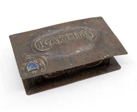 J and F Poole of Hayle - An Arts and Crafts copper cigarette box with stylised Art Nouveau decoration and a heart shaped Rusk