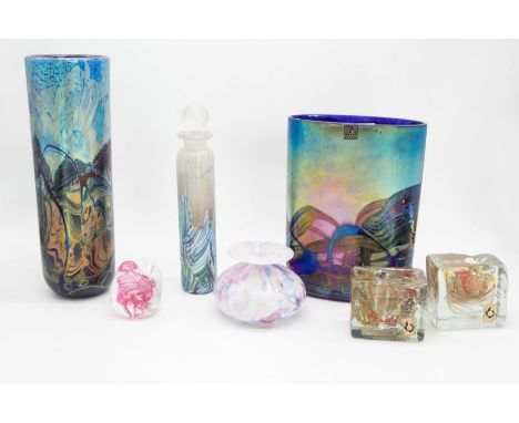 Isle Of Wight glass: A small collection to include; A tall vase with blue design, a same patterned oval shaped vase, a clear 