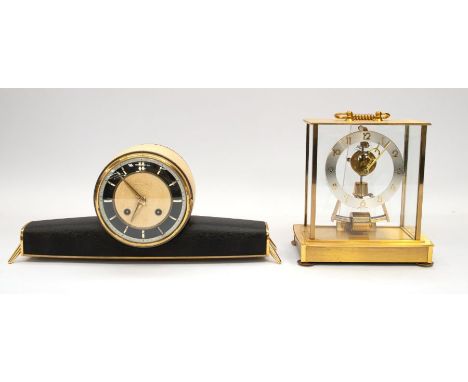 Two mantle clocks including a German four glass clock with battery operated movement, on brass style case, engraved Kieninger