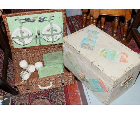 A Brexton wicker picnic hamper and contents, along with a painted twin handle trunk.