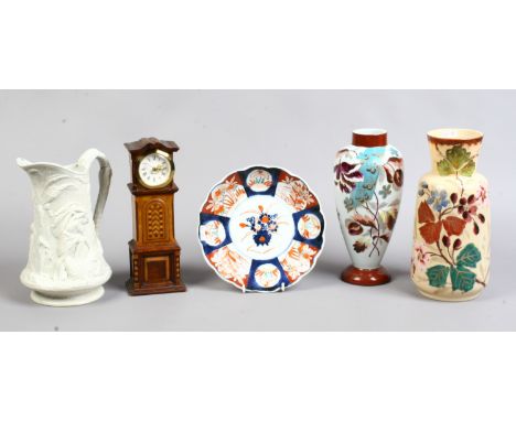 A quantity of collectables including an apprentice miniature longcase clock, two Edwardian hand painted glass vases, Japanese