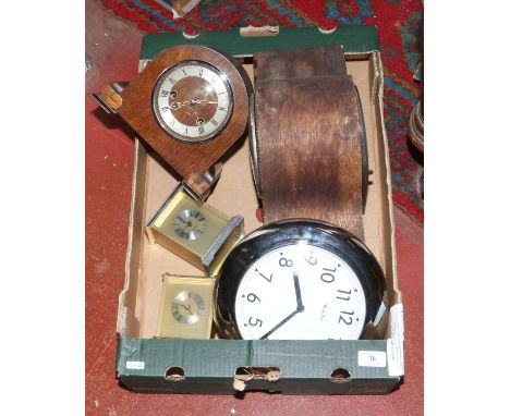 A box of clocks to include oak mantel clocks, wall clock etc.