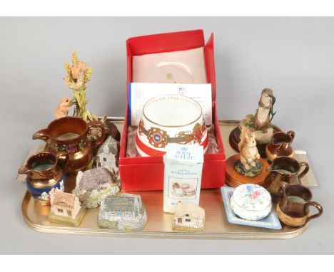 A tray of collectable ceramics including boxed Spode, copper lustre jugs, Lilliput Lane cottages, boxed Royal Albert Beatrix 