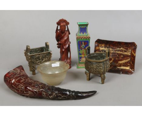 A group of oriental items to include carved horn, brass censors, tortoise shell tray, jade bowl etc.