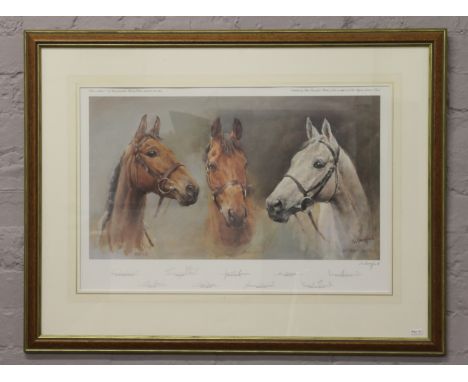 A framed limited edition 10/300 print of The Three Kings Arkle, Red Rum and Desert Orchid signed by the artist and counter si