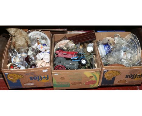 Three boxes of miscellaneous to include cased silver plate cutlery, two pairs of binoculars, ceramic, glassware, teddy etc.