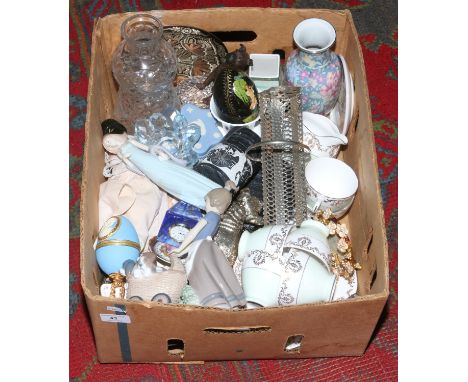 A box of miscellaneous to include Lladro (repaired) Caithness glass clock, cut glass decanter, Coalport, Royal Vale bone chin