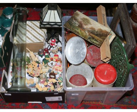 Two boxes of miscellaneous including a quantity of teddy bear ornaments, vintage storage tins, a mid 20th century unframed oi