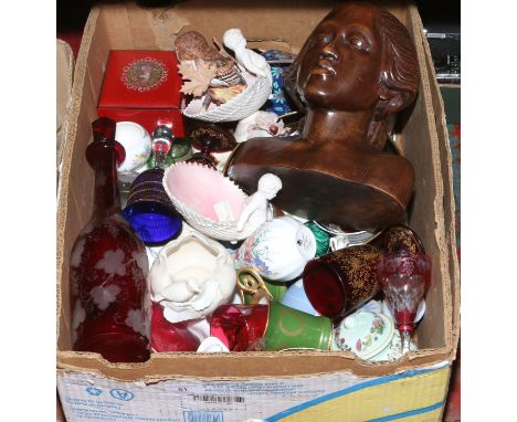 A box of miscellaneous to include carved wood bust, ruby glass decanter, Wedgwood, bone china etc.