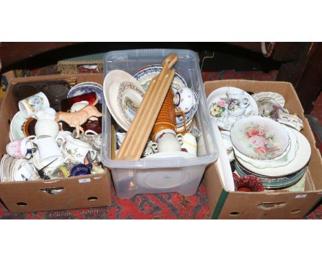 Three boxes of miscellaneous to include cabinet plates, commemorative ware, glass dome torsion clock etc.