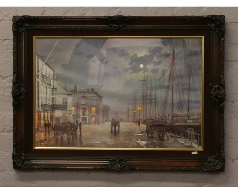 Ornate framed Rodney Charman Poole print, entitled Quay by Gaslight.