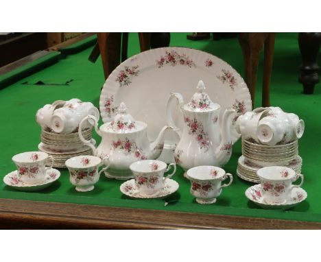 A Royal Albert bone china part tea / coffee service 47 pieces decorated in The Lavender Rose design.