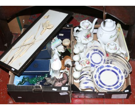 Two boxes of miscellaneous ceramics and glass to include Royal Cauldron part tea service decorated with dragons, Aynsley vase