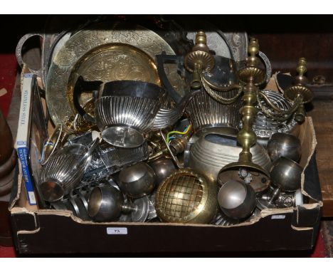 A box of mixed metalwares including silver plated teawares, brass charger, brass candelabra style lamp base, serving trays, g