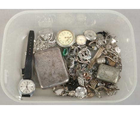 A box of white metal jewellery oddments, along with an engraved cigarette case, vesta, Omega watch head etc.