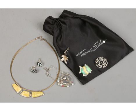 A Thomas Sabo cloth bag containing silver jewellery including a butterscotch set necklace, brooches, pendant on chain and pai