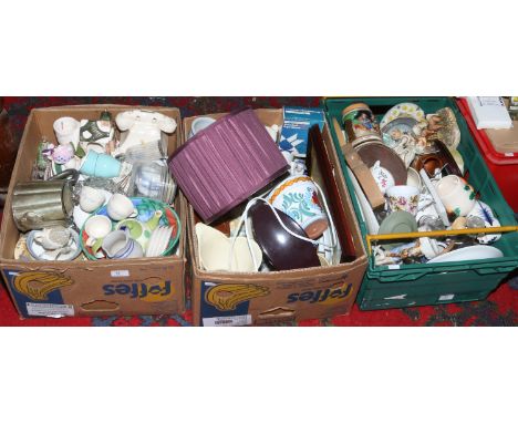 Three boxes of miscellaneous to include porcelain figures, Wedgwood, table lamp, glassware, cabinet plates etc.