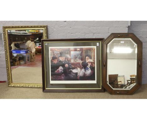 An oak bevel edge wall mirror, along with a gilt framed mirror and a framed print titled an omnibus ride to Piccadilly Circus