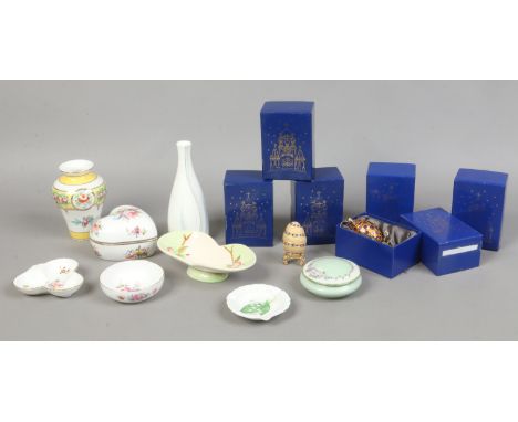 A tray of collectable ceramic, Royal Crown Derby, Shelley, Royal Doulton, Brentleigh and six boxed decorative eggs.