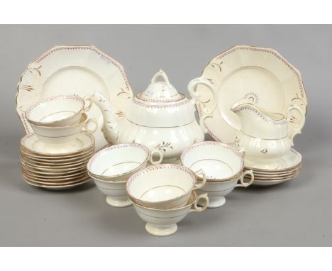 A circa 1830 Stafford bone china part tea service hand painted with gilt and coloured enamels including tea pot and cover, mi