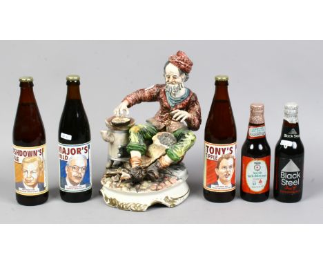 A collection of vintage beers with political themes Tony's Tipple, Ashdown Ale and Majors Mild, along with a Capodimonte figu
