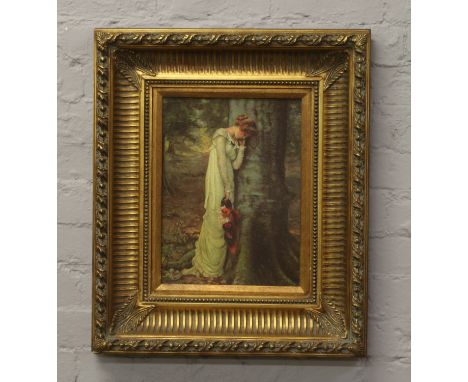 A gilt framed pre - Raphadite style oilograph portrait of a young maiden.
