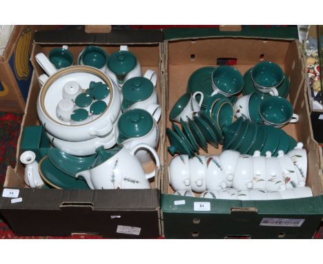 Two boxes of Denby pottery Greenwheat tableware including cups and saucers, covered soup bowls, tureens and cruets etc.