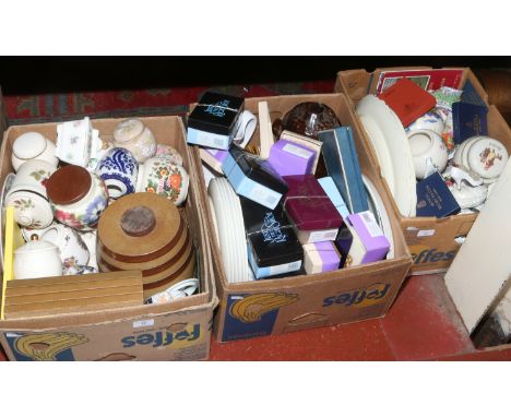 Three boxes of miscellaneous to include stoneware keg, Rumtopf, Sadler, Royal Worcester, boxed Just The Right Shoe ornaments 
