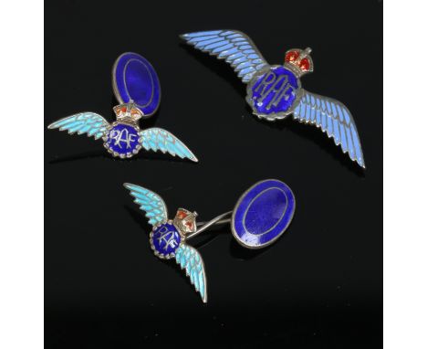 A pair of silver and enamel RAF cufflinks, along with a lapel badge.