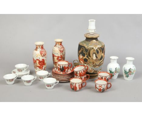 A collection of oriental decorated export wares Japanese table lamp, bottle vases and a Kutani 6 part coffee set etc.