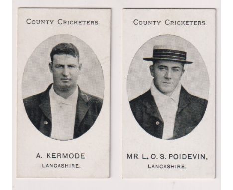 Cigarette cards, Taddy, County Cricketers, 2 cards, A Kermode, &amp; Mr L O S Poidevin, both Lancashire (vg) (2)