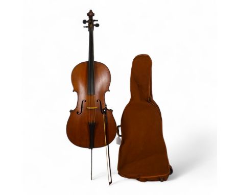 A late 19th century French cello - the two piece back measuring 78cm, an interior label stamped Dulcis et Fortis, with brown 