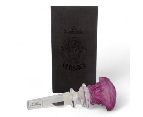 Versace for Rosenthal crystal Medusa wine bottle stopper - of purple moulded glass, length 12cm, boxed.