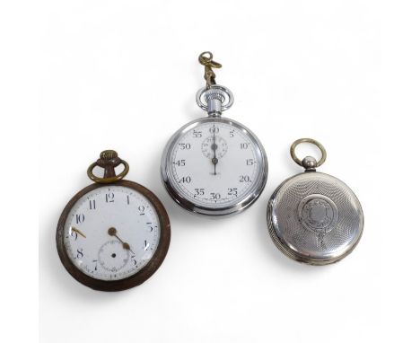 A silver cased pocket watch - together with a steel cased example and a stopwatch. 