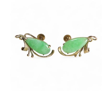 A pair of 9ct gold jade set ear clips - of drop form with foliate setting, 4.9g.