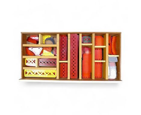 Meccano - Brace Girders, Sheets etc.  Large wooden compartmentalised drawer containing a good variety of mostly red and yello