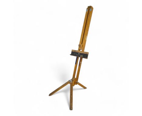 A 20th century beech artist's studio easel - of folding tripod form with some paint transfer, fully adjustable, 178cm high.