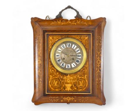 A late 19th century Dutch rosewood and inlaid wall clock - the silvered engine turned dial set out with Roman numerals, the c