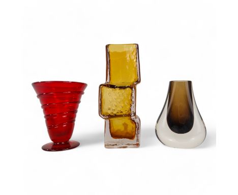 A Whitefriars ruby glass vase - footed ribbon trail attributed to Barnaby Powell, 14cm high, together with a Ham-Bone vase an