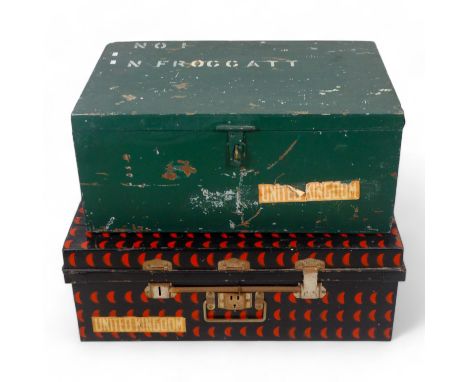 An early 20th century tin cabin trunk - black and red japanned finish, with interesting Elder Dempster Line labels, 74 x 52 x