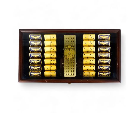 A House of Faberge Imperial Dominoes set - crafted in 22ct gold plate and blue guilloche enamel, in original wooden display c