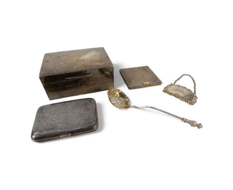 A silver powder compact - London 1946, of square form with engine turning, together with a rectangular cigarette box, a cigar