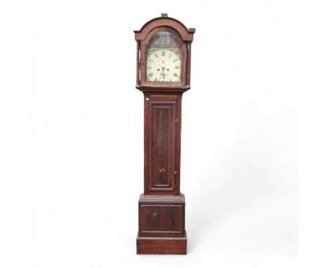 An early 19th century oak longcase clock - the painted dial with floral spandrels and Italianate landscape scene set out in R