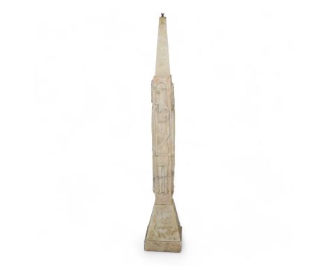 An early 20th century Egyptian style alabaster standard lamp - in the form of an obelisk, decorated with figures and hierogly