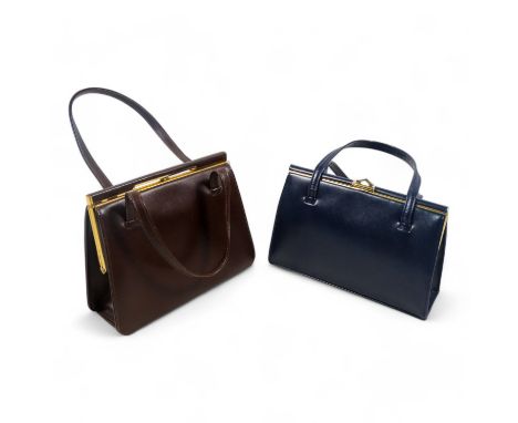 A navy blue 1960s Ackery leather handbag - with a gold metal frame and V clasp, lined in beige suede, together with a similar