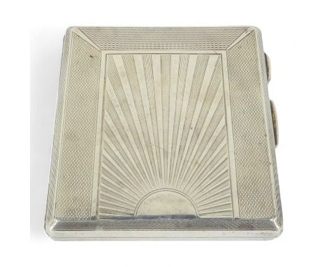 A silver cigarette case - engraved with a sun burst, on an engine turned ground and with gilt interior, 97g.