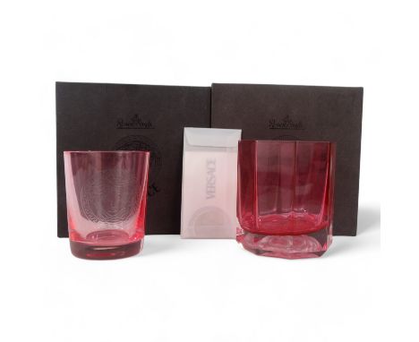 Versace for Rosenthal whisky glass - of pink faceted form with impressed Medusa head to base, boxed with papers, together wit