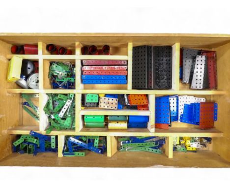 Meccano - Misc bases, sheets, tubes etc.  Large wooden compartmentalised drawer containing misc. items including sheets, base