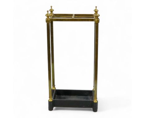 A late 19th century brass and cast iron stick stand - rectangular with square supports, 61cm high.