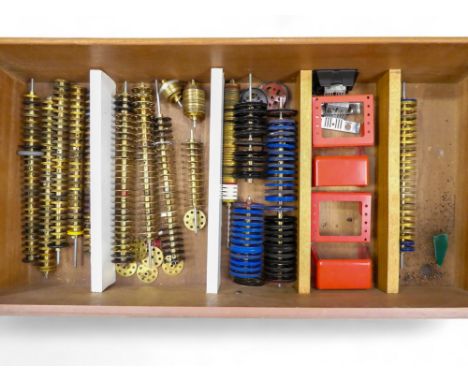 Meccano - Gear Wheels, Pulleys etc.  Large wooden compartmentalised drawer containing a large quantity of gear wheels, pulley